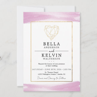Minimalist Purple Watercolor Gold Heart Invitation 招待状