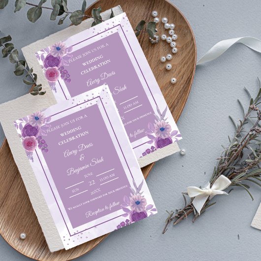 Minimalist purple watercolor wedding 招待状