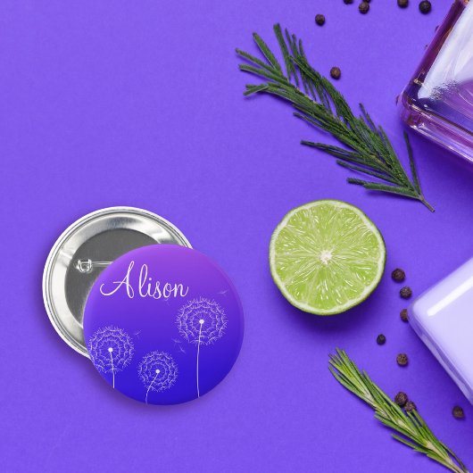 Minimalist Purple White Dandelion Flowers Name 缶バッジ