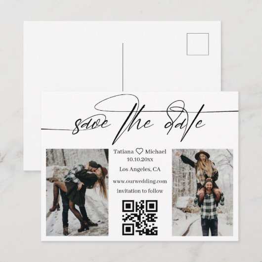 minimalist qr code 2 photos collage save the date  案内ポストカード (正面/裏面)