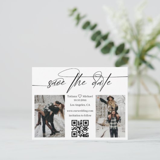 minimalist qr code 2 photos collage save the date  案内ポストカード (スタンド正面)