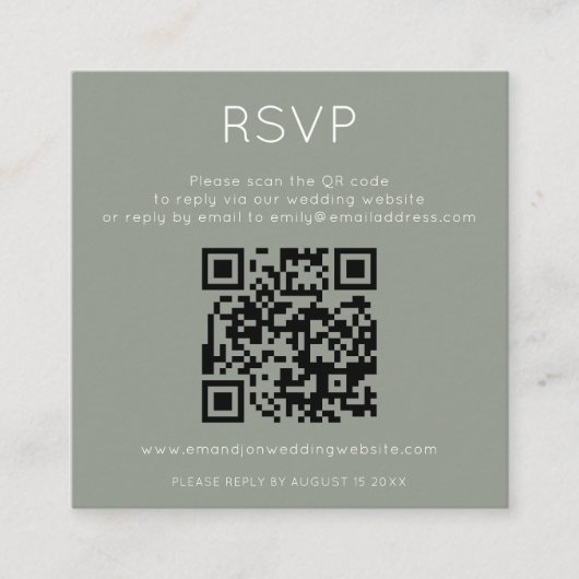 Minimalist QR Code Sage Green Wedding RSVP エンクロージャーカード (正面)