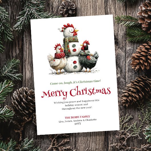 Minimalist Quirky Chickens Christmas Greeting Card シーズンカード