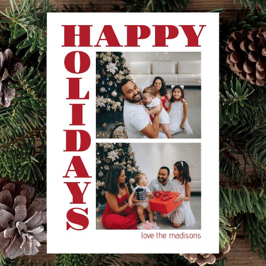 Minimalist Red Bold Font Happy Holidays Two Photo シーズンカード