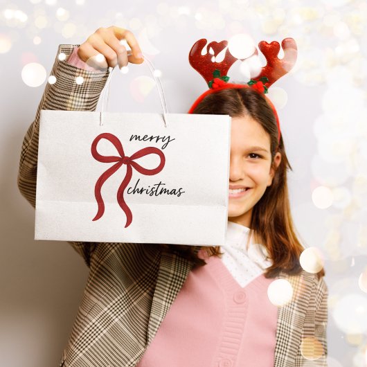 Minimalist Red Bow Merry Christmas  ラージペーパーバッグ