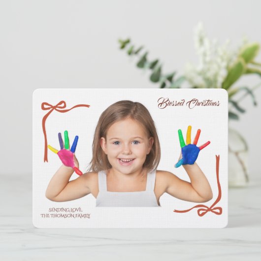 Minimalist Red Bows Blessing Christmas Handwriting 招待状 (スタンド正面)