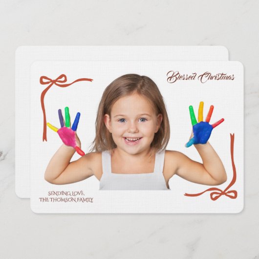 Minimalist Red Bows Blessing Christmas Handwriting 招待状 (正面/裏面)