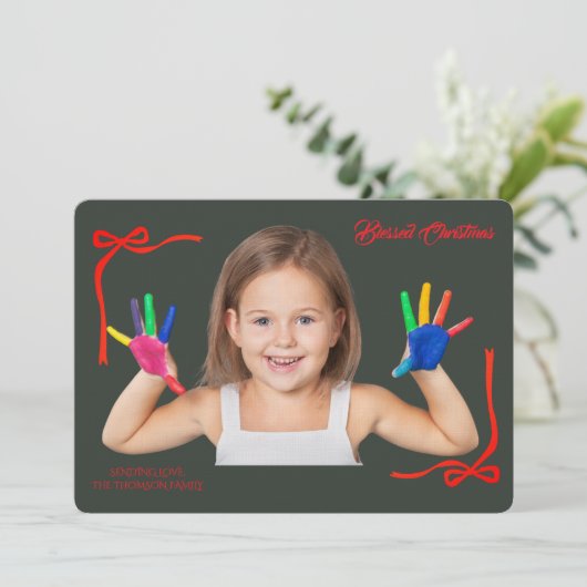 Minimalist Red Bows Blessing Christmas Handwriting 招待状 (スタンド正面)