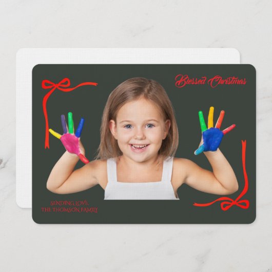 Minimalist Red Bows Blessing Christmas Handwriting 招待状 (正面/裏面)