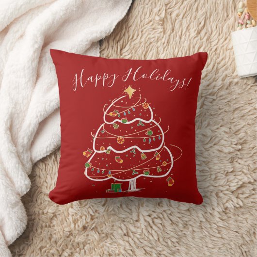 Minimalist Red Christmas Tree Pillow – Happy Holid クッション (ブランケット)