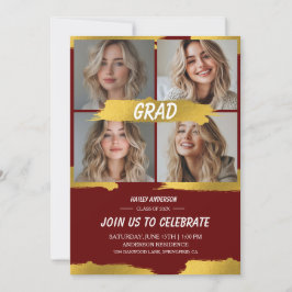 Minimalist Red Gold 4Photo Graduation Party  招待状