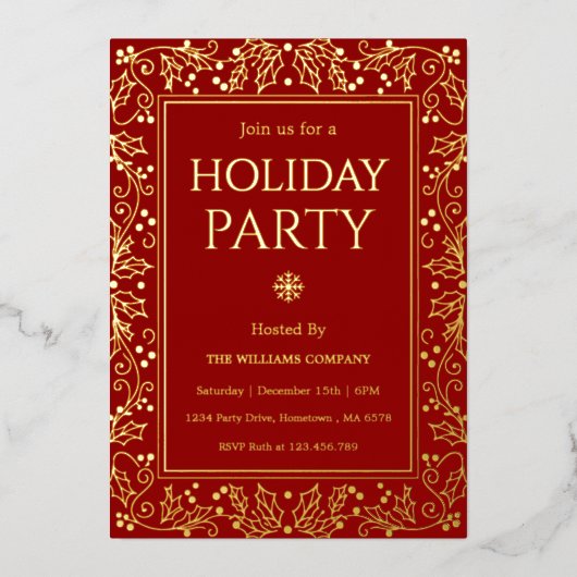 Minimalist Red & Gold Holiday Gathering 箔招待状 (正面)