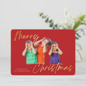 Minimalist Red Gold Merry Christmas Handwriting 招待状 (スタンド正面)