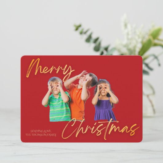 Minimalist Red Gold Merry Christmas Handwriting 招待状 (スタンド正面)