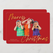 Minimalist Red Gold Merry Christmas Handwriting 招待状 (正面/裏面)