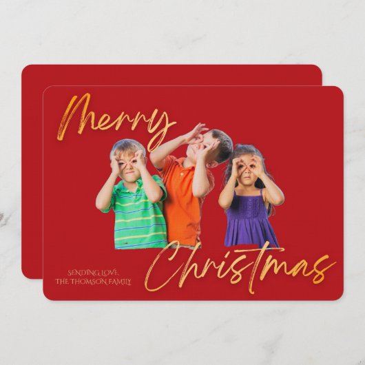 Minimalist Red Gold Merry Christmas Handwriting  招待状 (正面/裏面)