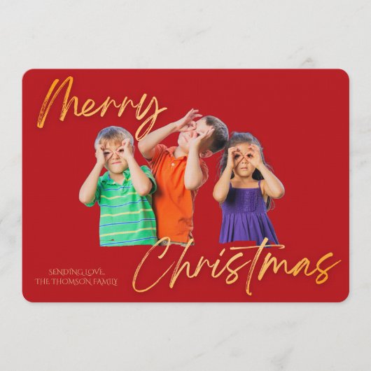 Minimalist Red Gold Merry Christmas Handwriting 招待状 (正面)