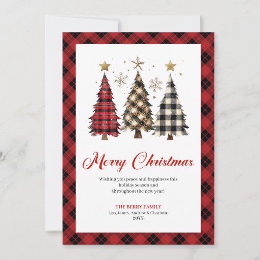 Minimalist Red Plaid Christmas Tree Holiday シーズンカード (正面)