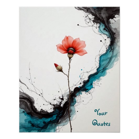 Minimalist Red Poppy Ink Art Print ポスター (正面)