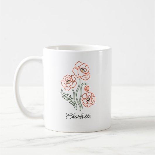 Minimalist Red Poppy Line Art Custom Name Mug コーヒーマグカップ (左)