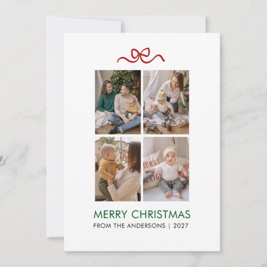 Minimalist Red Ribbon 4 Photo Merry Christmas シーズンカード (正面)