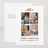 Minimalist Red Ribbon 4 Photo Merry Christmas シーズンカード (正面/裏面)