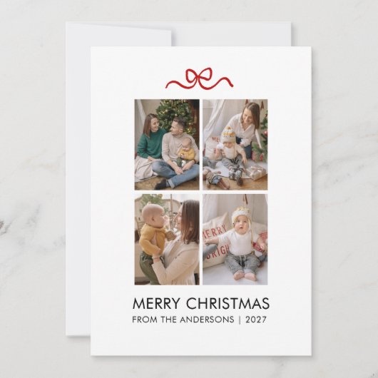 Minimalist Red Ribbon 4 Photo Merry Christmas シーズンカード (正面)