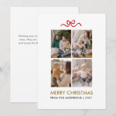 Minimalist Red Ribbon 4 Photo Merry Christmas シーズンカード (正面/裏面)