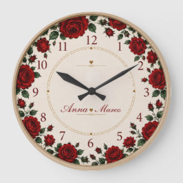 Minimalist Red Rose Elegant Floral Classic Rose ラージ壁時計
