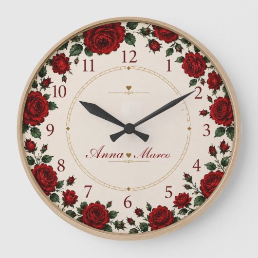 Minimalist Red Rose Elegant Floral Classic Rose ラージ壁時計 (正面)