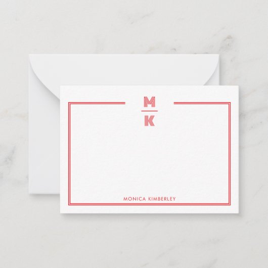 Minimalist Red Two Border Monogram Note Card ノートカード (正面)
