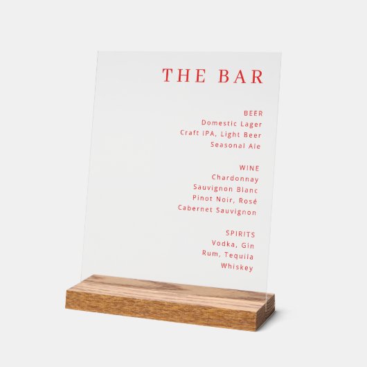 Minimalist Red Typographic Bar Menu アクリルサイン (傾斜)