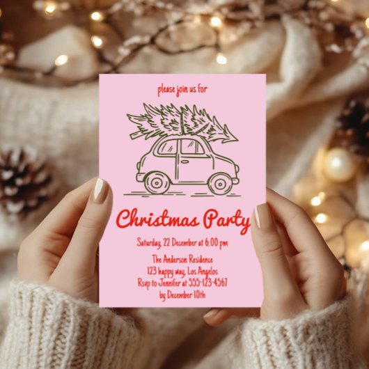 Minimalist Retro Pink Christmas Party Invitation  招待状