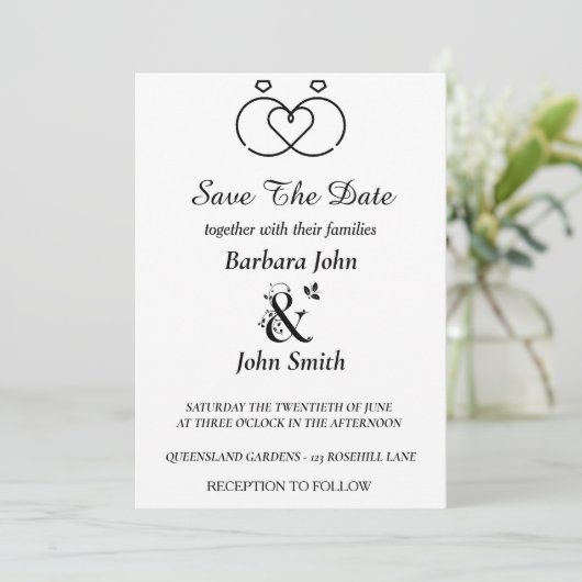 Minimalist Rings Heart Wedding Save The Date  招待状 (スタンド正面)