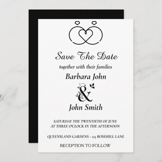 Minimalist Rings Heart Wedding Save The Date  招待状 (正面/裏面)