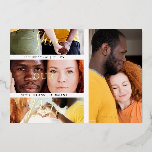 Minimalist Romantic 4 Wedding Engagement Photos 箔招待状 (正面)