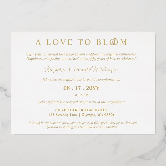 Minimalist Romantic Wedding Photo Anniversary Gold 箔招待状 (裏面)