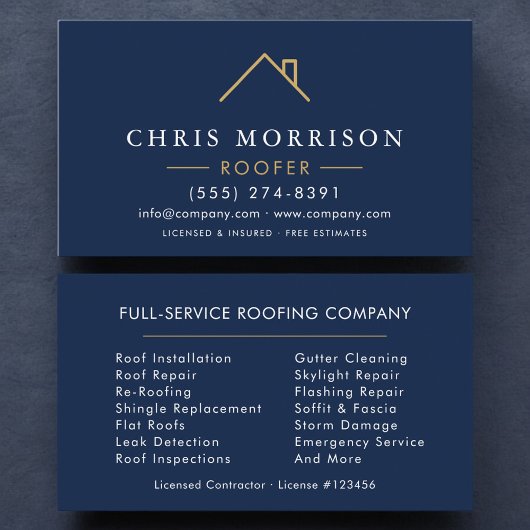 Minimalist Roofer Navy Blue Gold Modern 名刺