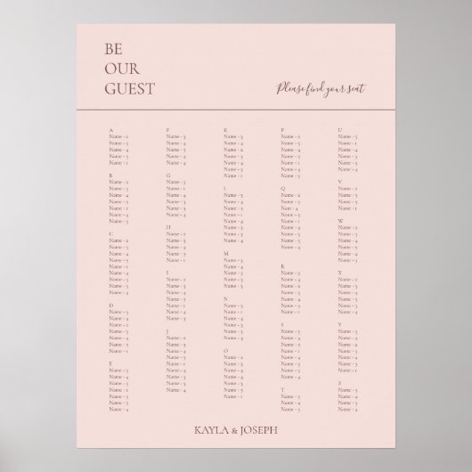 Minimalist Rose Alphabetical Wedding Seating Chart ポスター (正面)