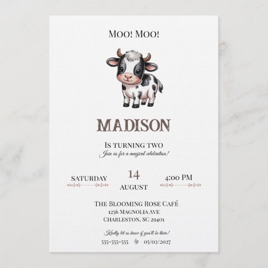 Minimalist Rose Beige Invitation Cow Birthday  招待状 (正面)