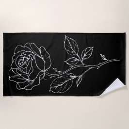Minimalist Rose Line Art – Black and White Flower ビーチタオル
