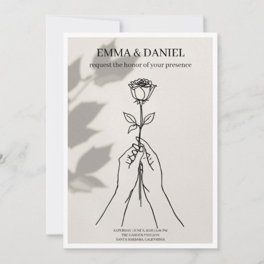 Minimalist Rose Line Art Wedding Invitation 招待状 (正面)