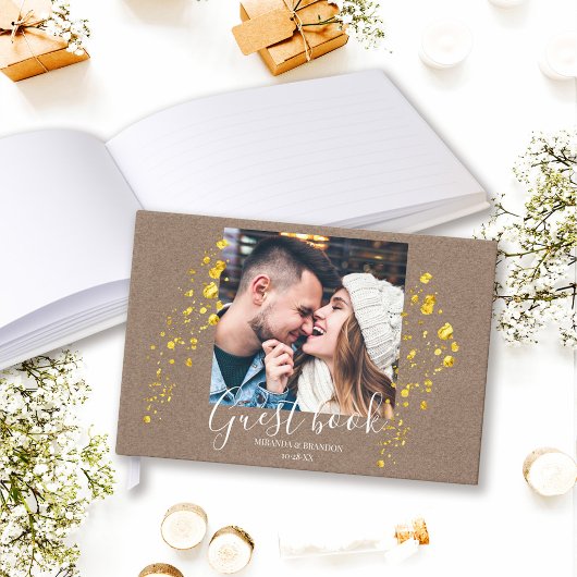 Minimalist Rustic Elegant Gold Foil Photo Wedding ゲストブック
