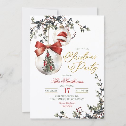 Minimalist Rustic Floral Baubles Christmas Party 招待状 (正面)