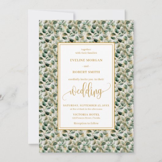 Minimalist sage gold eucalyptus wedding invitation 招待状 (正面)