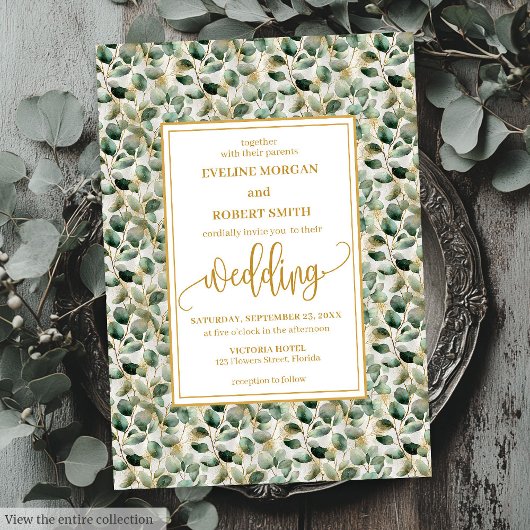 Minimalist sage gold eucalyptus wedding invitation 招待状