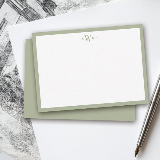 Minimalist Sage Green Border Modern Monogram ノートカード