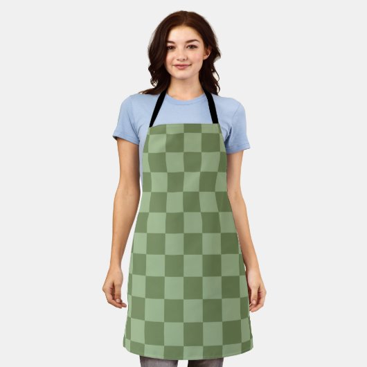 Minimalist Sage Green Checkerboard Pattern エプロン (着用した状態)