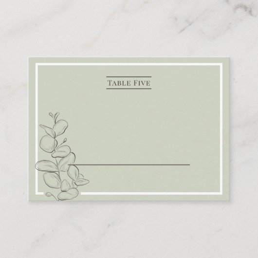 Minimalist sage green fine line eucalyptus wedding プレイスカード (正面)