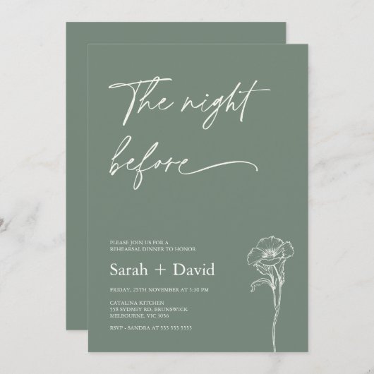 Minimalist Sage Green Floral Rehearsal Dinner  招待状 (正面/裏面)